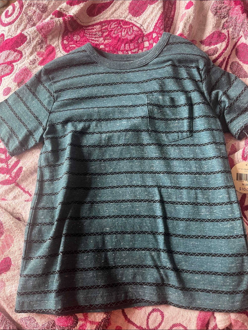 Striped Short Sleeve Pocket Tee for Kids - Teal Green